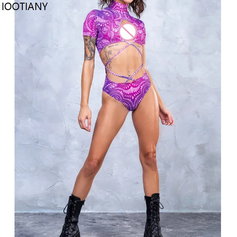 

CosplaySummer Colorful Tie-dye Print Suspender Swimsuit Women Sexy Jumpsuit High Neck Bikini Halloween Carnival Festival Party S