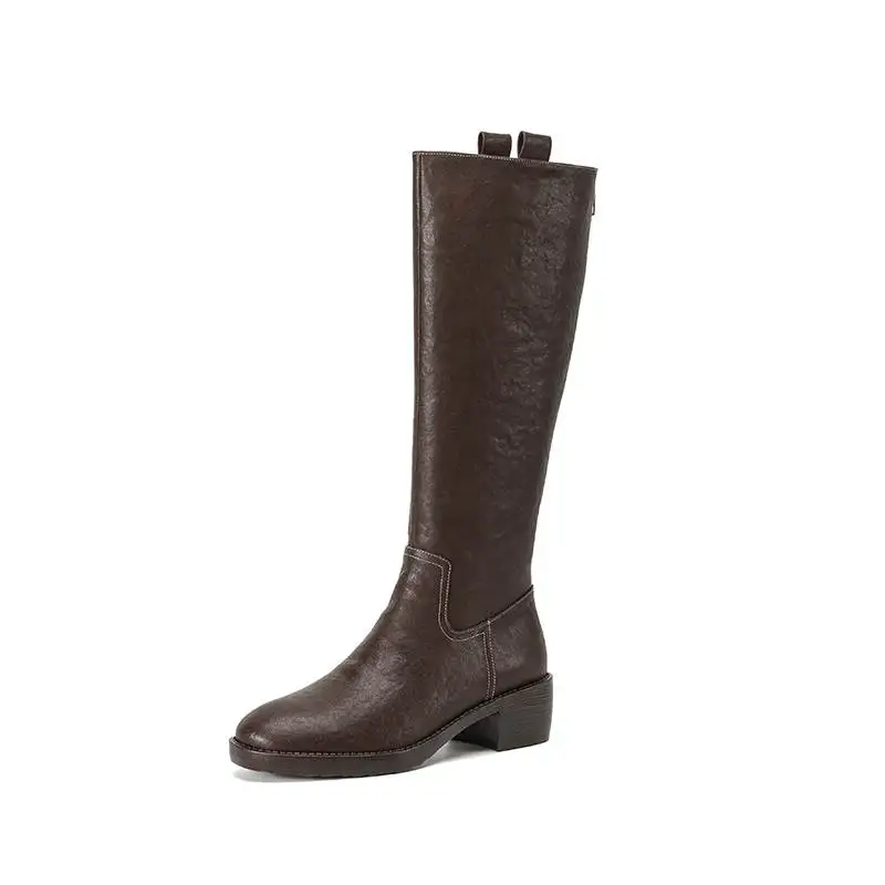 Krazing Pot Genuine Leather Round Toe Vintage Med Heels Equestrian Boots Winter Shoes Women Street Wear Slip On Thigh High Boots