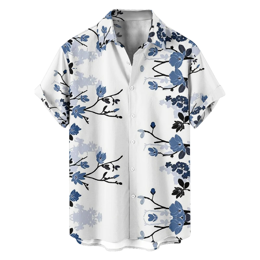 Original Summer flower sticks Casual Travel Plus size Short Sleeve Shirt Hawaiian style digital print loose trend shirt