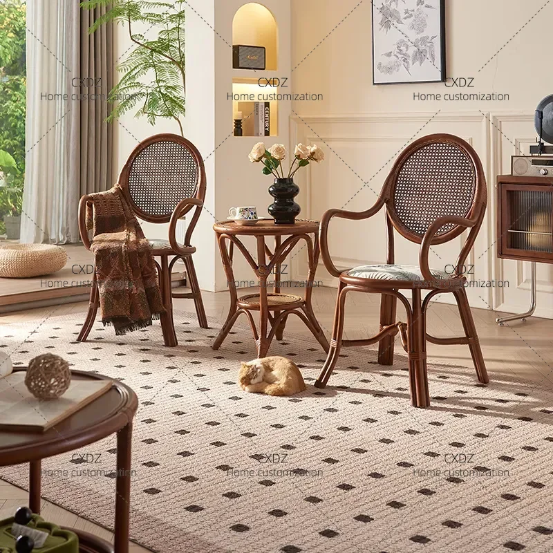 New Chinese Style Rattan Recliner and Balcony Chair Three Piece Set with Leisure Table for Living Room Household Furniture