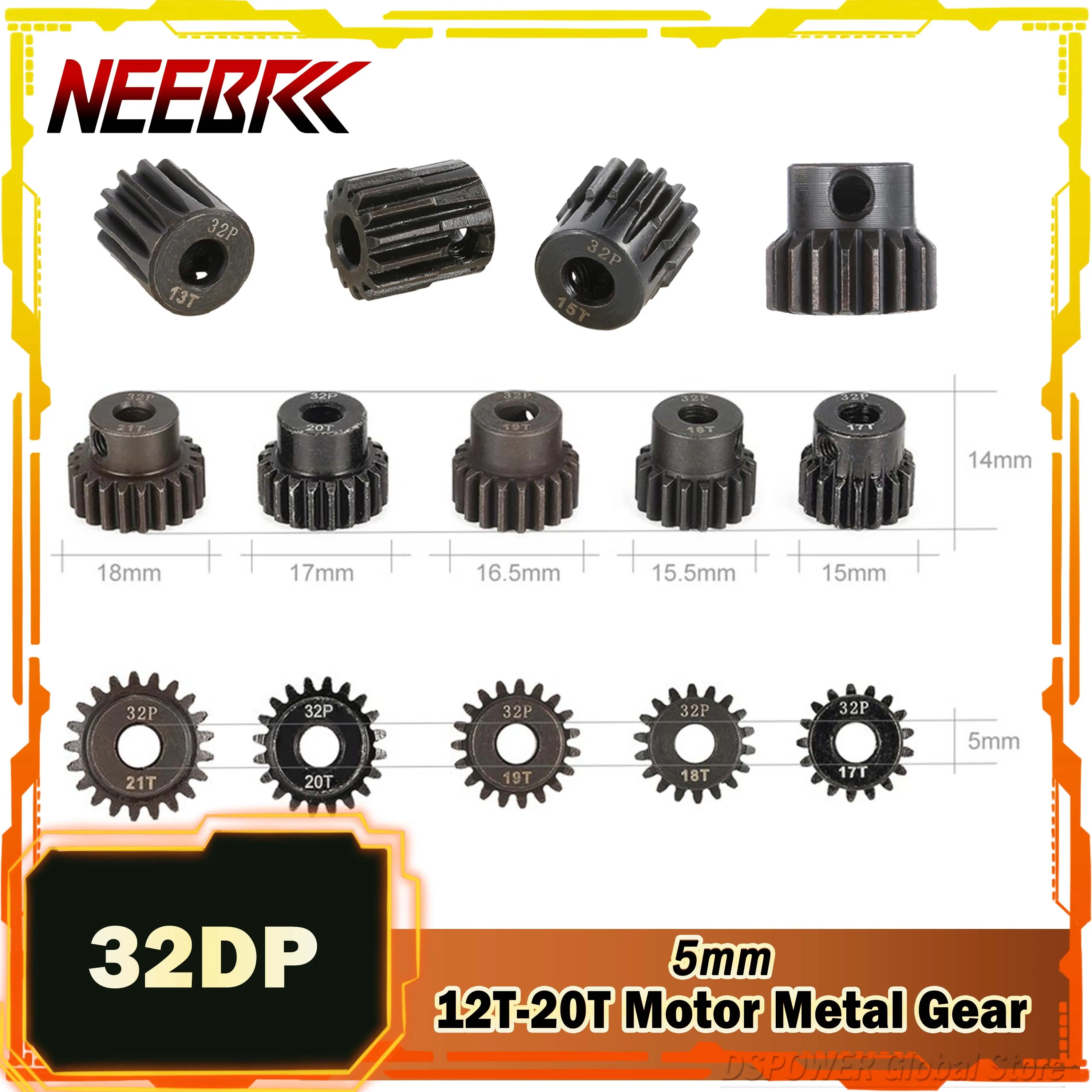 

32DP 13T 14T 15T 16T 17T 18T 19T 20T 21T 5mm Metal Pinion Steel Motor Gear for 1/8 1/10 RC Car Wltoys HSP Brushed Brushless Part