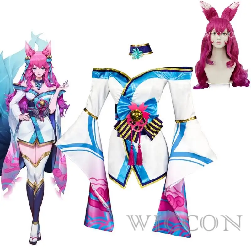 Jogo lol ahri cosplay traje vestido feminino meninas sexy halloween role play peruca acessórios roupas terno completo