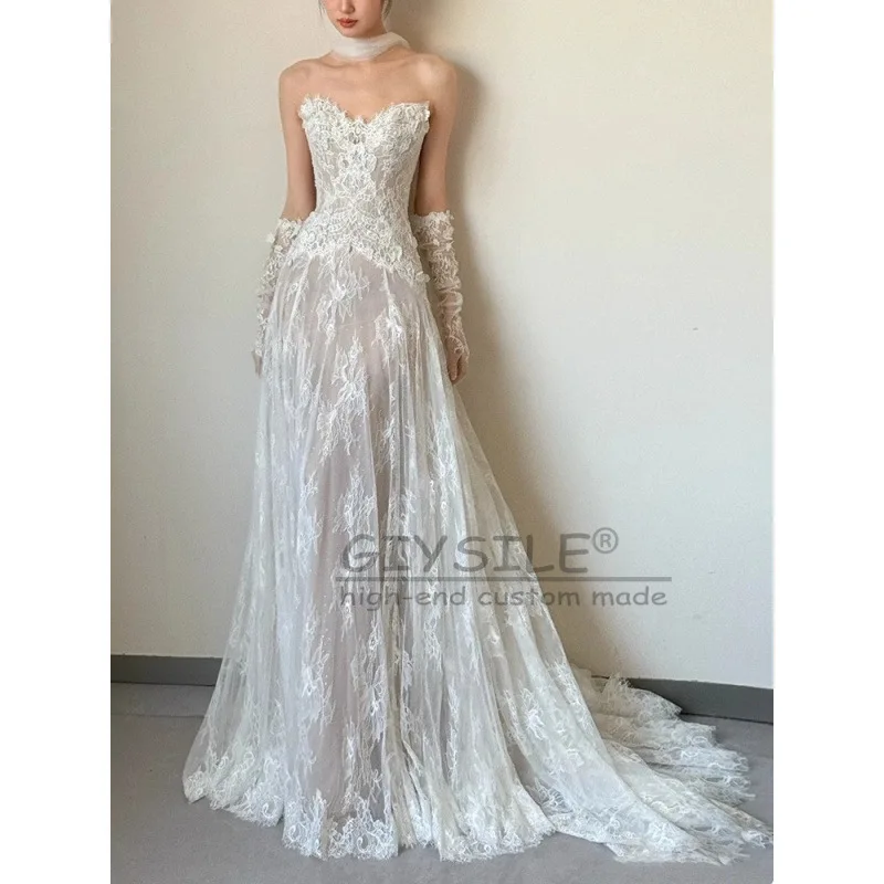 GIYSILE Gaun Pengantin Tanpa Tali Kustom Applique Tulle A Line Tanpa Lengan Sapu Kereta Gaun Pernikahan Pesta Formal Vestidos