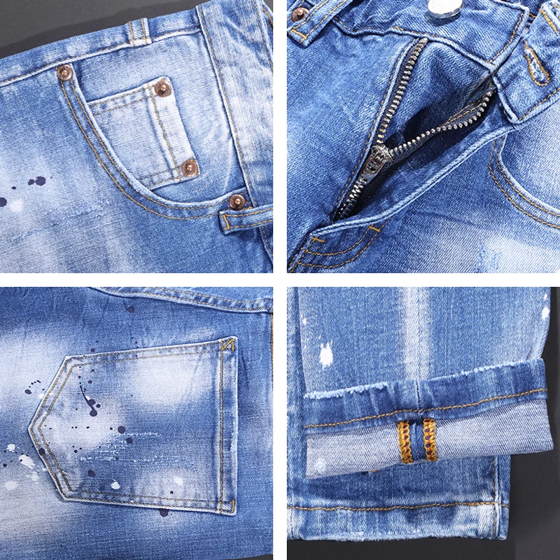 الشارع مصمم الأزياء الرجال الجينز الرجعية الضوء الأزرق تمتد سليم صالح رسمت ممزق الجينز الرجال Y2K خمر الدنيم السراويل Hombre