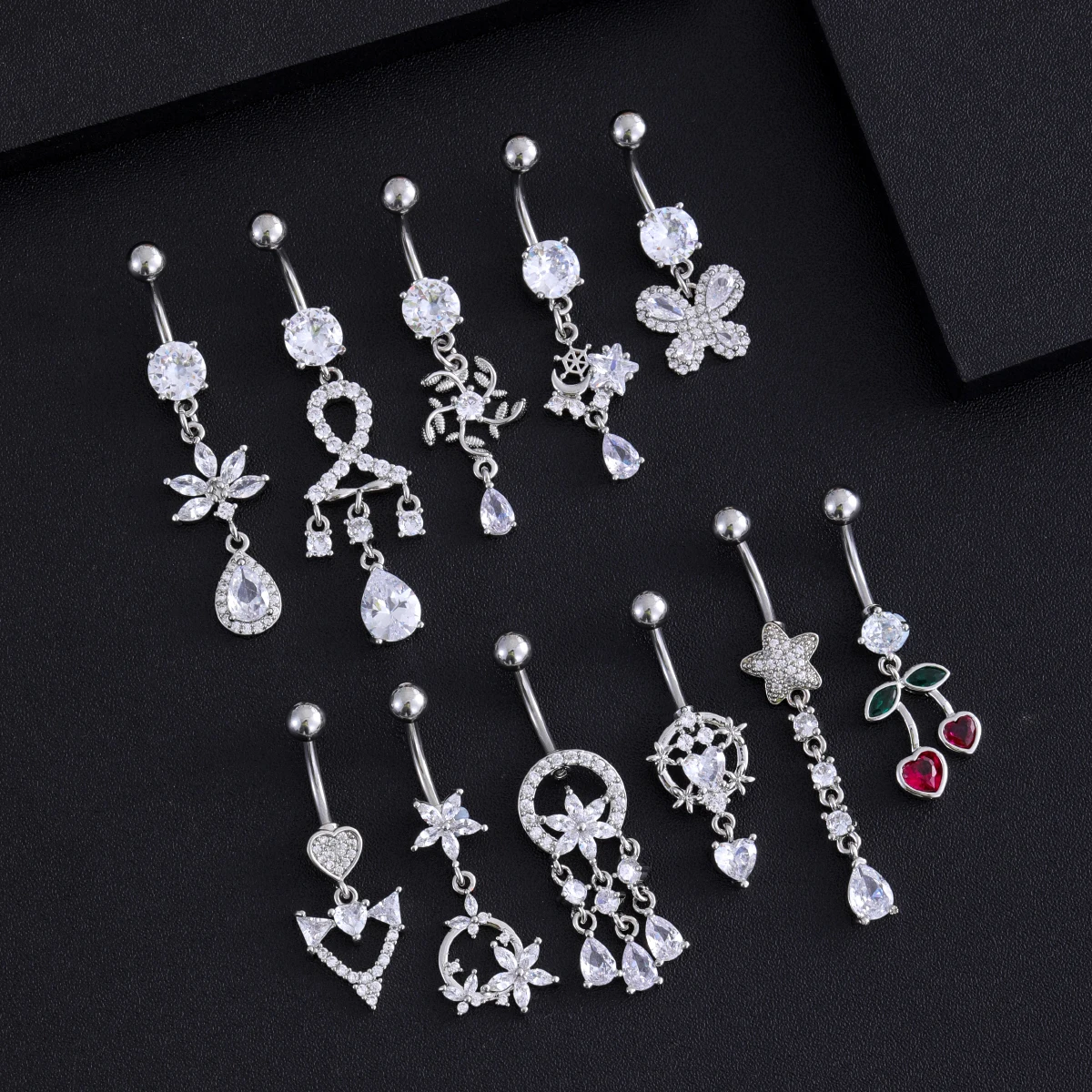 Mixed-Style Long Dangled Belly Button Ring Gold Color Wind Chime Chandelier Cherry Crystal Belly Navel Piercing Nombril Jewelry