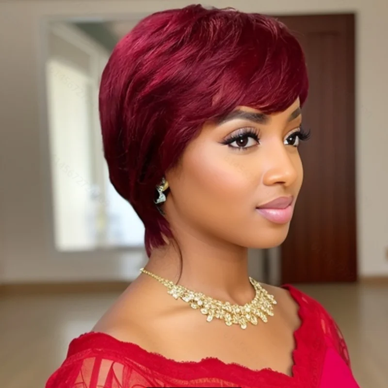 short straight human hair wig for women 150% density machine made remy wig 350/99j/613 color 6inch human hair wig pixie cut wig image 2