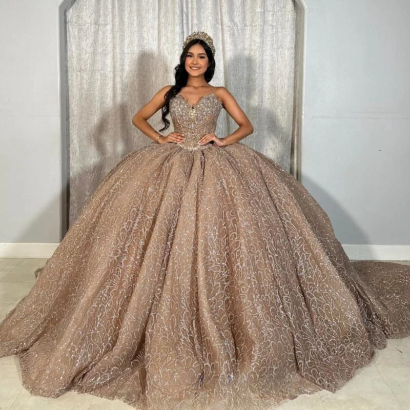 

Mexican 2024 Champagne Quinceanera Dresses Sweet 15 16 Dress Ball Gown Off The Shoulder Beaded Crystal Tull Vestidos De 15 Años