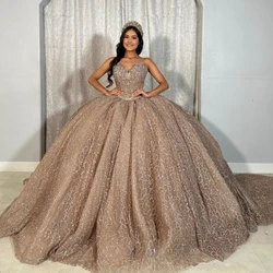 Mexican 2026 Champagne Quinceanera Dresses Sweet 15 16 Dress Ball Gown Off The Shoulder Beaded Crystal Tull Vestidos De 15 Años