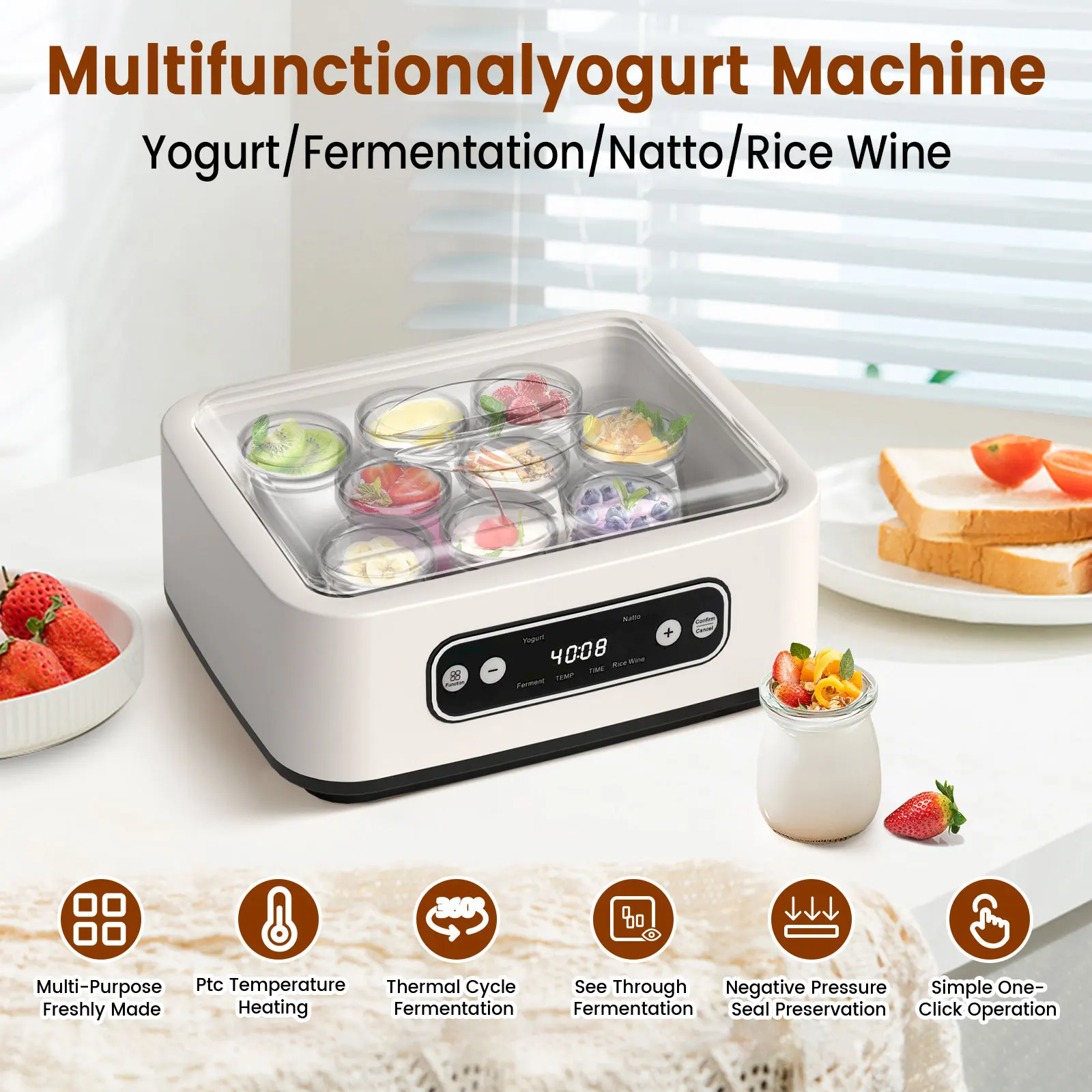 1,6-Liter-Multifunktions-Joghurtbereiter mit automatischer Fermentationsfunktion und konstanter Temperatur, 304-Edelstahl-Innenbehälter, Haushalts-Joghurt-Natto-Reiswein-Fermenter mit 9 Glasbehältern
