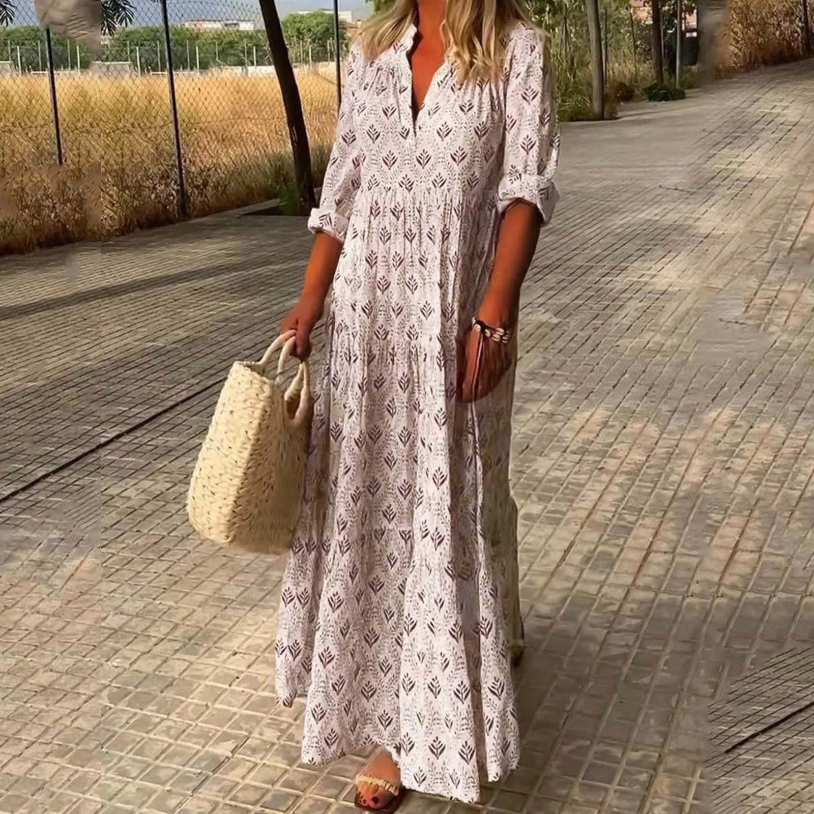 

Summer Vintage Bohemian Long Dress for Women Casual V-neck Long Sleeve Loose Swing Dresses Female Vestidos Holiday Sundress