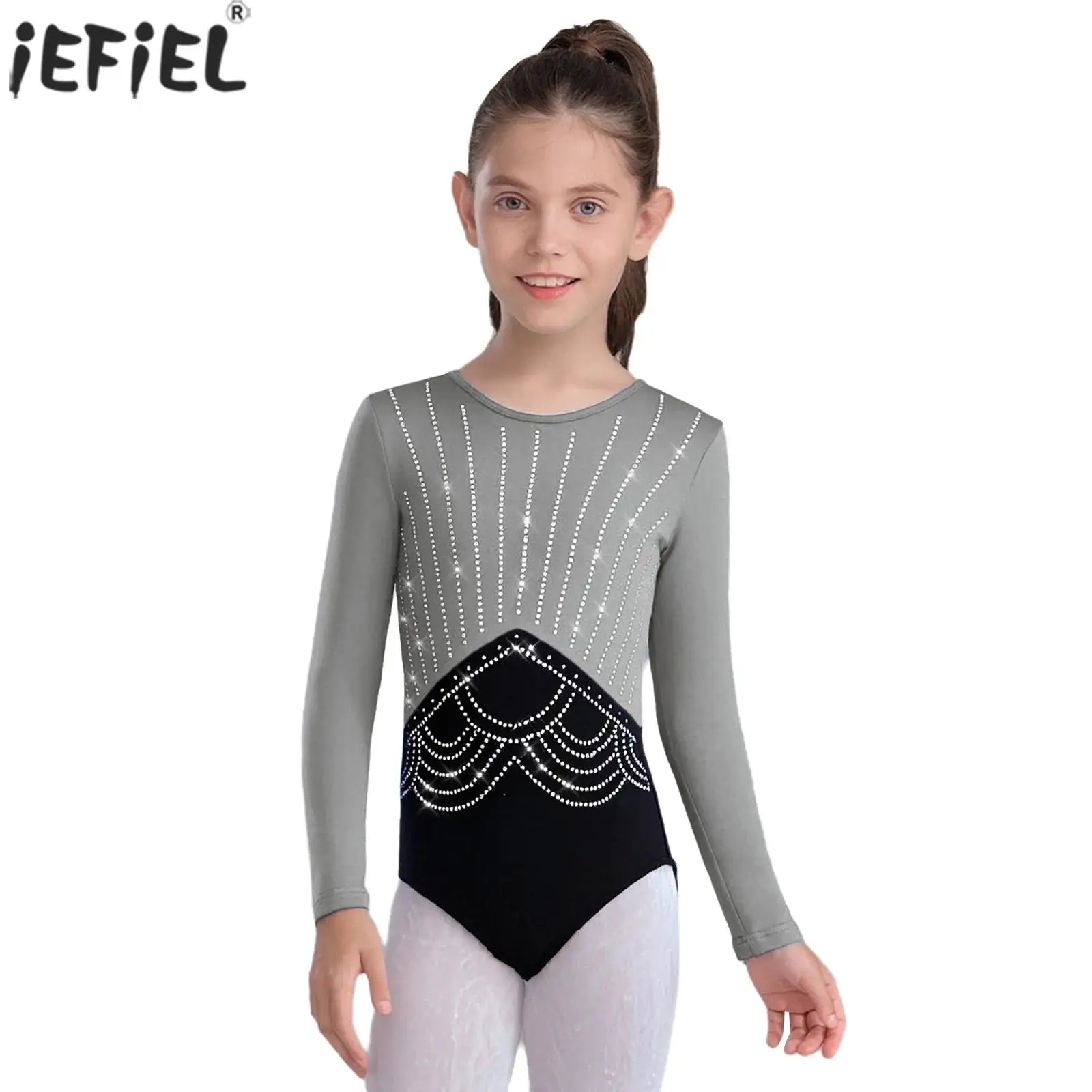 

Kids Girls Shiny Rhinestones Ballet Leotards Long Sleeves Fleece Lined Dance Gymnastic Unitards Figure Skating Acrobatic Costume