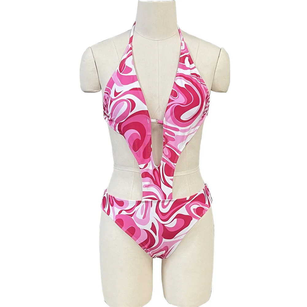 Seksowne bikini we wzory Halter String Monokini Backless strój kąpielowy z wycięciem strój kąpielowy kobiety wakacje stroje kąpielowe stroje plażowe Biquini