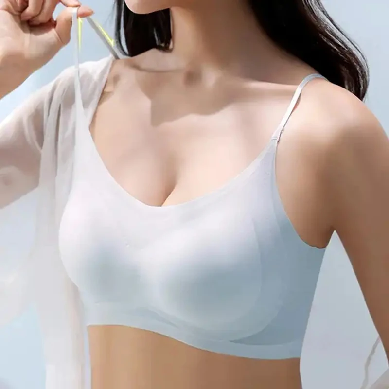 Ultra-thin Ice Silk Padded Bra Seamless Underwear Women\'s Thin Section  Sling Beautiful Back Vest Tops Big Chest Small Sleep Bra