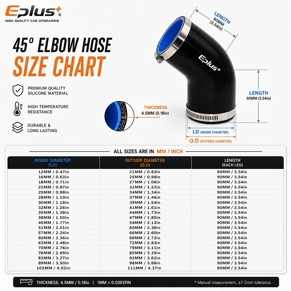 EPLUS Black Silicone Tubing 45 Degrees Hose Coupler Universal Car Air Intake Intercooler Turbo Pipe Adapter Silica Gel Connector