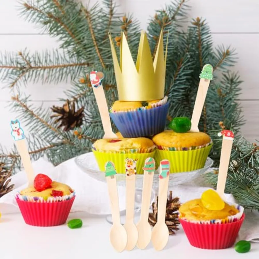 Christmas Wooden Spoons - 100 Set Xmas Disposable Spoons With Cute Top Tag Bag Rope, Snowman Tree Sample Taster Spoon, For Wint