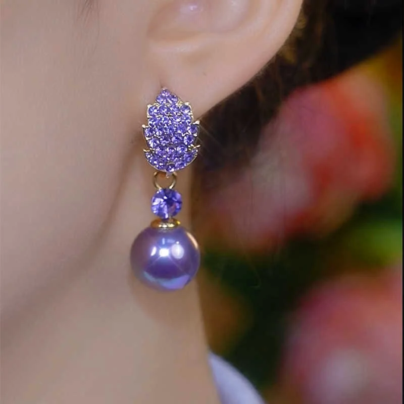 Unique Design Purple Rhinestone Leaf Pearl Pendant Earrings for Women New Elegant Exquisite Temperament Girls Daily Wear Jewelry