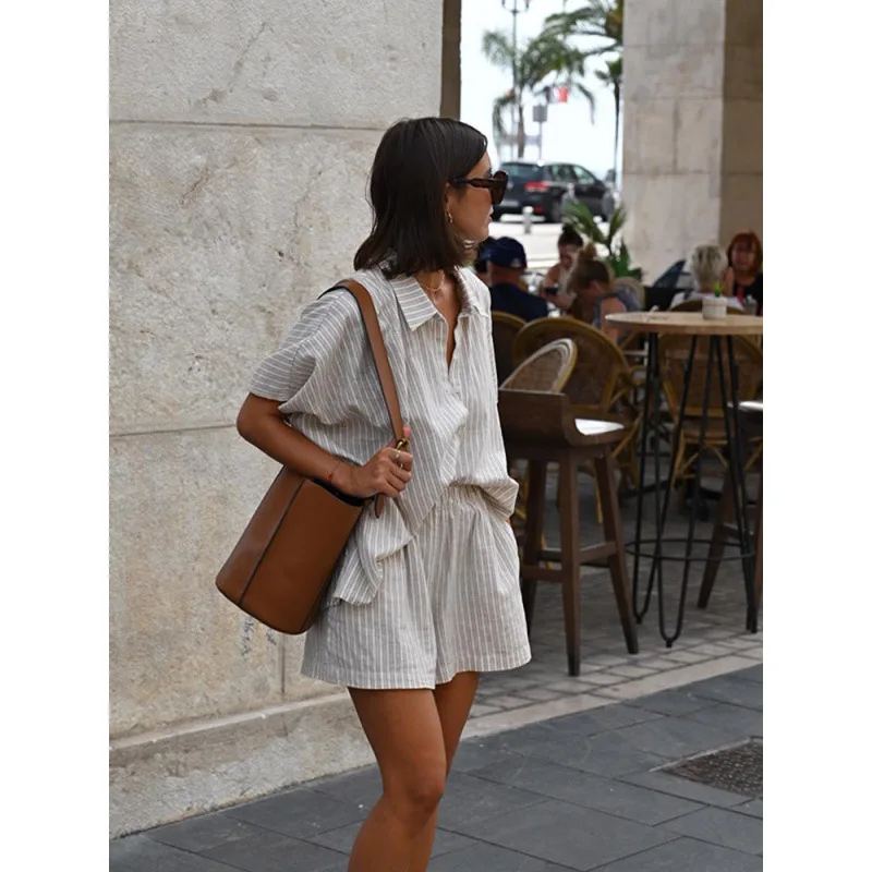 2025, pantalones cortos sueltos de verano para mujer, pantalones cortos, conjunto de 2 piezas de pantalones cortos Retro a rayas para mujer, traje, ropa de viaje para mujer