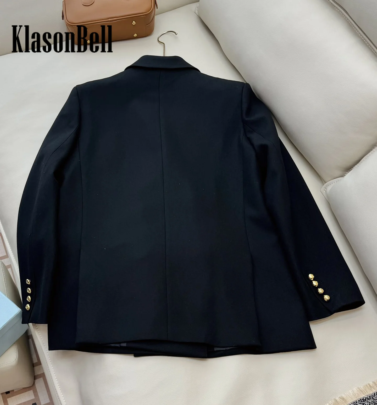 9.7 KlasonBell Women\'s Gold Color Letter Embroidery Wool Blend Blazer Double Breasted Pocket Back Split Mid-Length Jacket