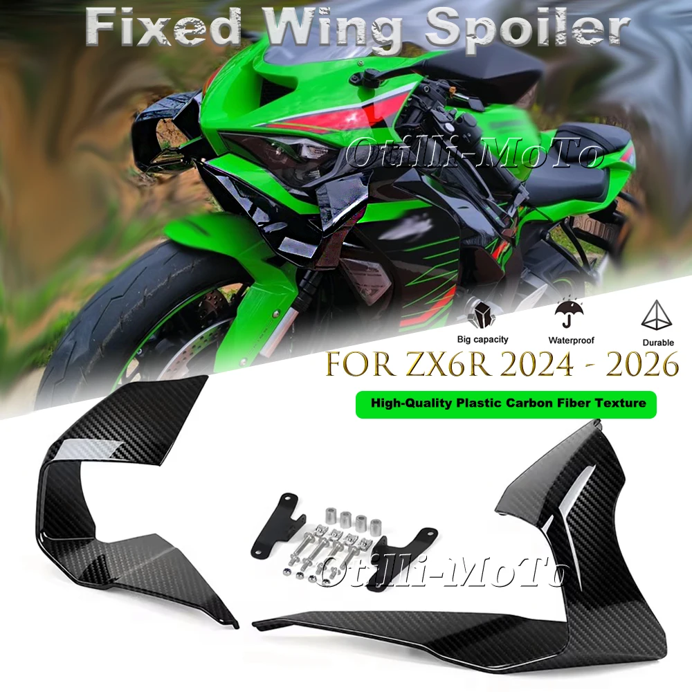 For Kawasaki ZX6R ZX636 2024-26 Motorcycle Accessories Front Wing Carbon Fiber Texture Aerodynamic Side Wing Fixed Wing Spoiler