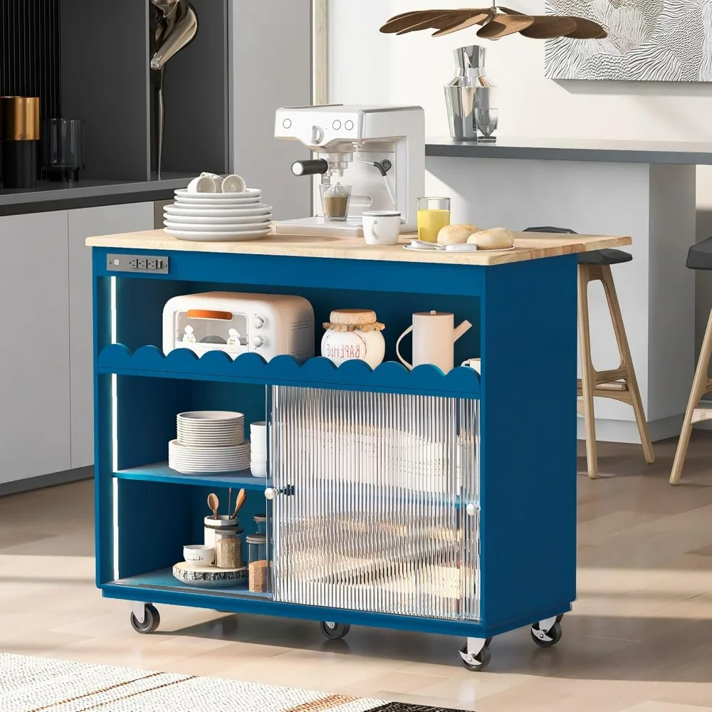 Kitchen Island Cart, Kitchen Cart On Wheels with Drop Leaf, 2 Sliding Glass Doors, 2 Cabinet, 1 Open Shelf Rolling Mobile Cart