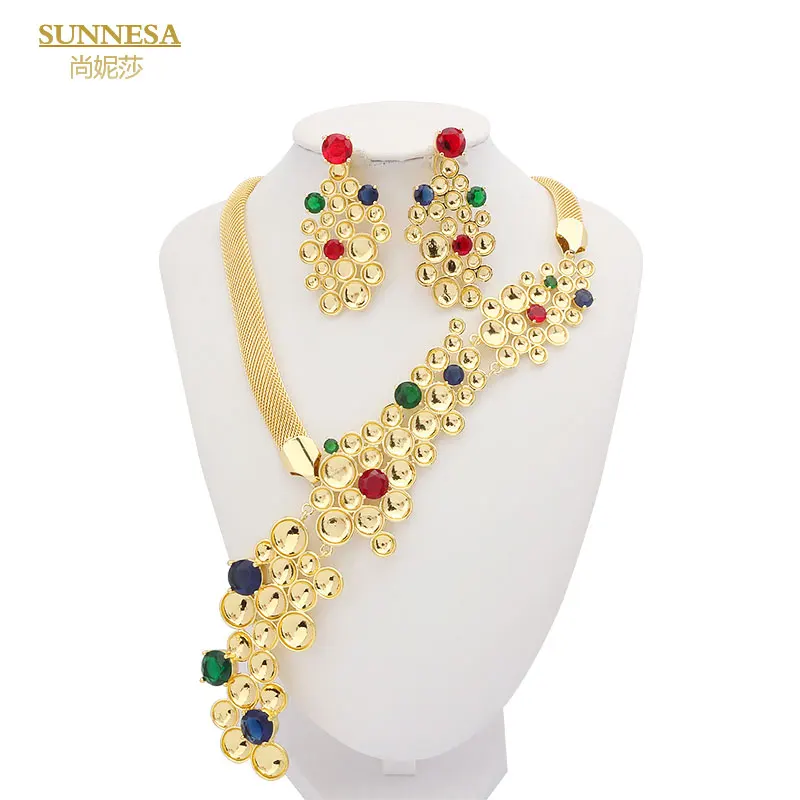 

SUNNESA AAA Colored Zircon Dubai Jewelry Sets for Women Luxury Golden African Necklace Earrings Wedding Party Jewellery