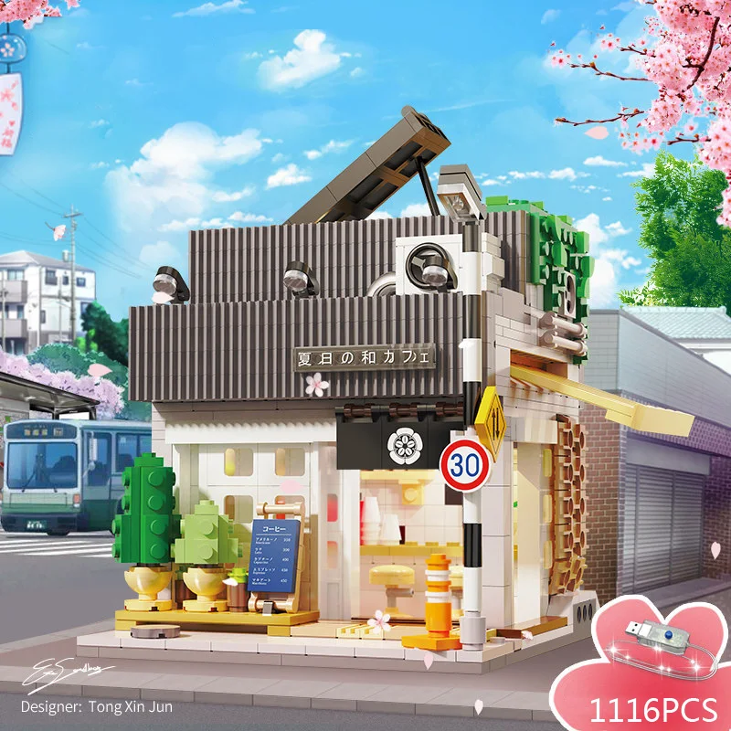 Japan Street View Building Block Summer Japanese Coffee Shop Model City Streetscape Bricks Assemble Toys With Led Light For Gift