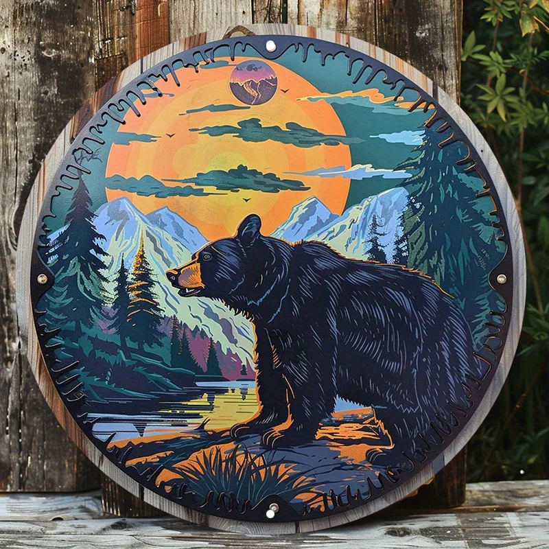 Black Bear in Sunset Woods Round Aluminum Metal Wall Decor Sign, Weather-Resistant Art for Home or Outdoor Use, 8in, 11.8in, 1PC