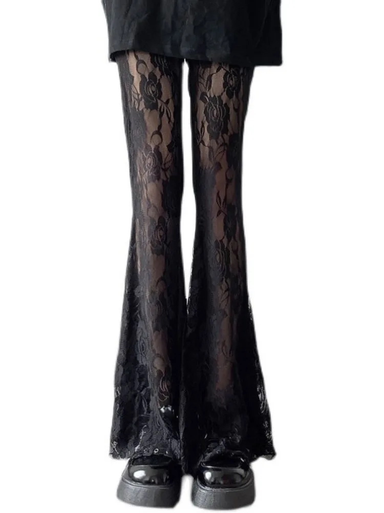 Voir à travers Y2k esthétique Streetwear pantalon décontracté été mince Patchwork dentelle pantalon Vintage taille haute Sexy Streetwear pantalon