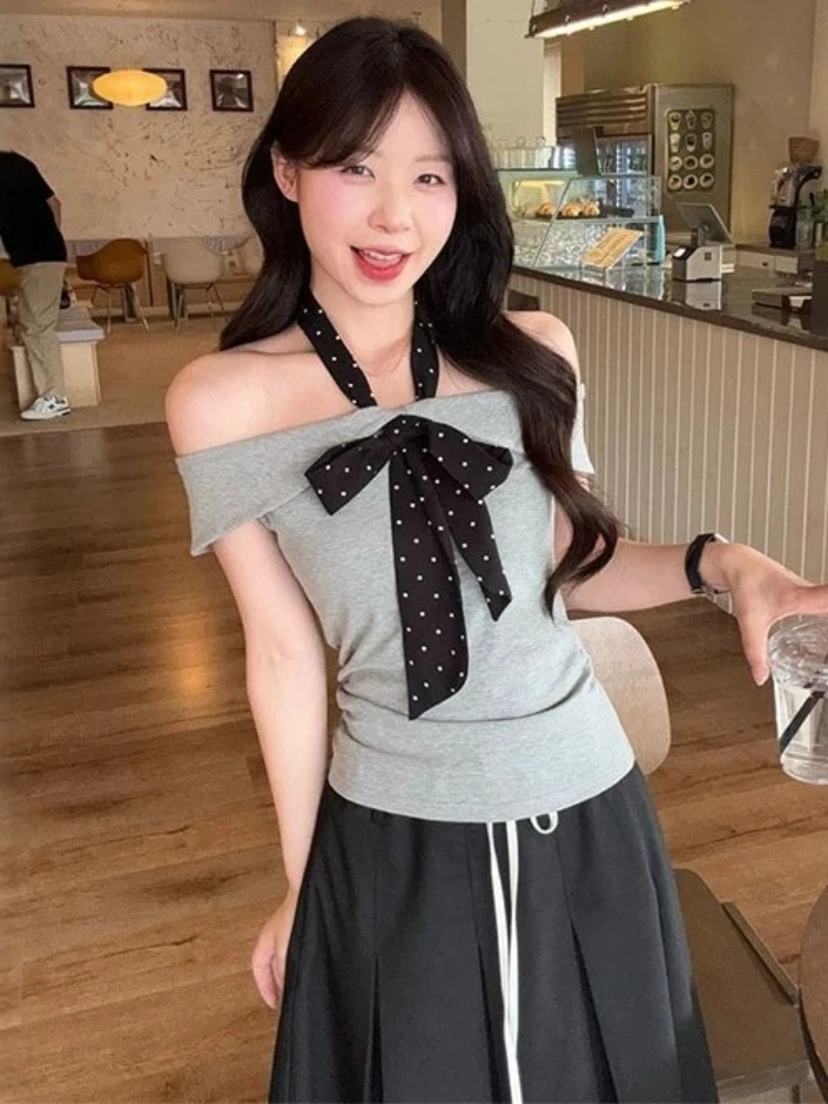 Wave Point Halter Sexy Bandage T-shirt Fashion Slim Fit Pleated Tees Koreans Summer Slash Neck Solid Tshirts Women's Clothing