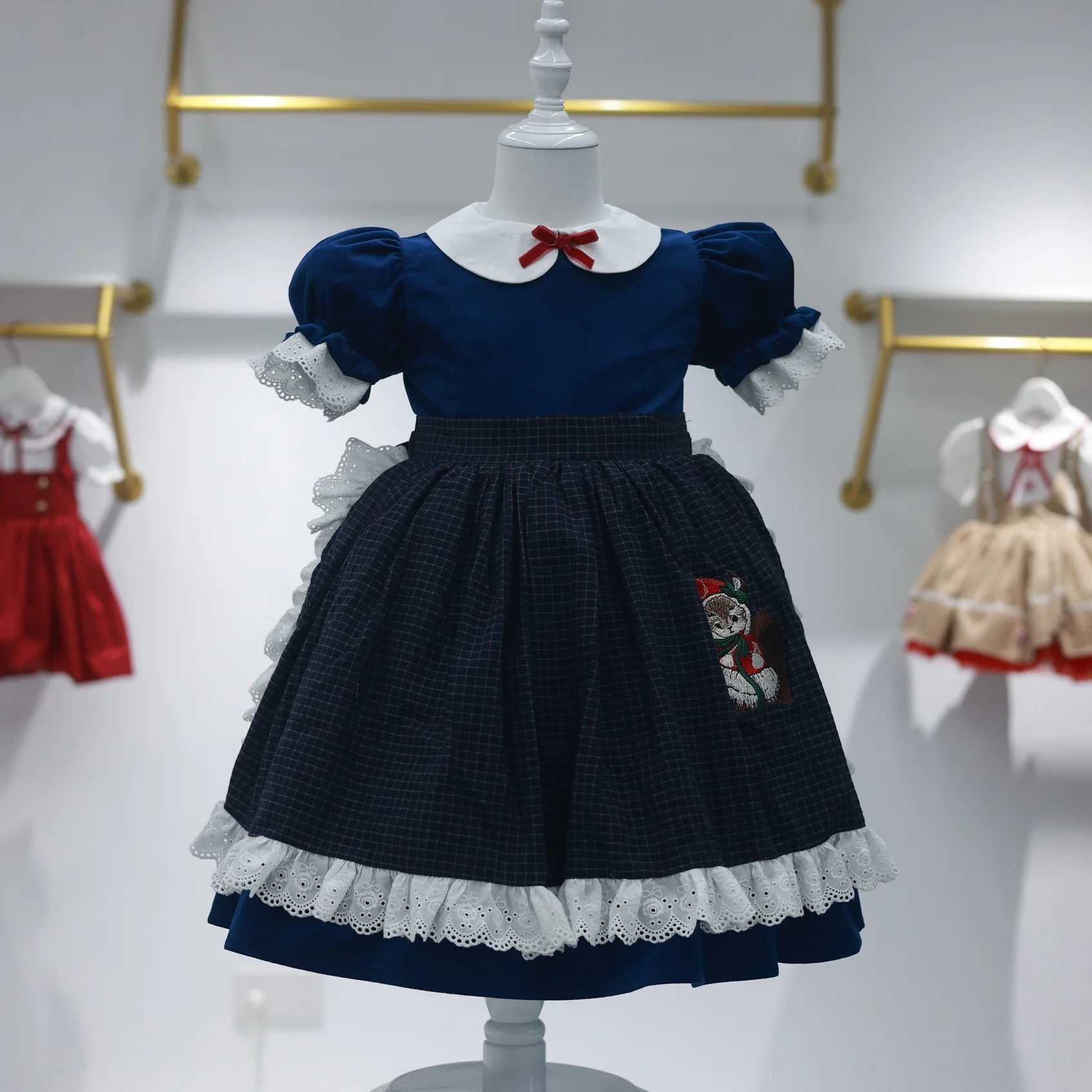 0-12Y Baby Girl Blue Velvet Squirrel Embroidery Turkish Vintage Spanish Princess Dress for Christmas Eid Party C92