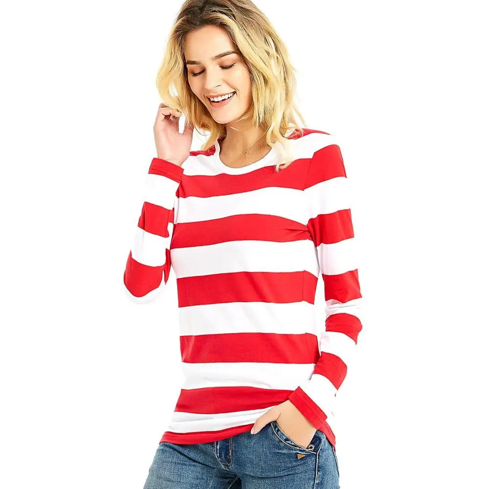 Red White Striped T Shirt for Women Round Neck Long Sleeve Tees for Women Colorful Stripes Summer Casual Autumn