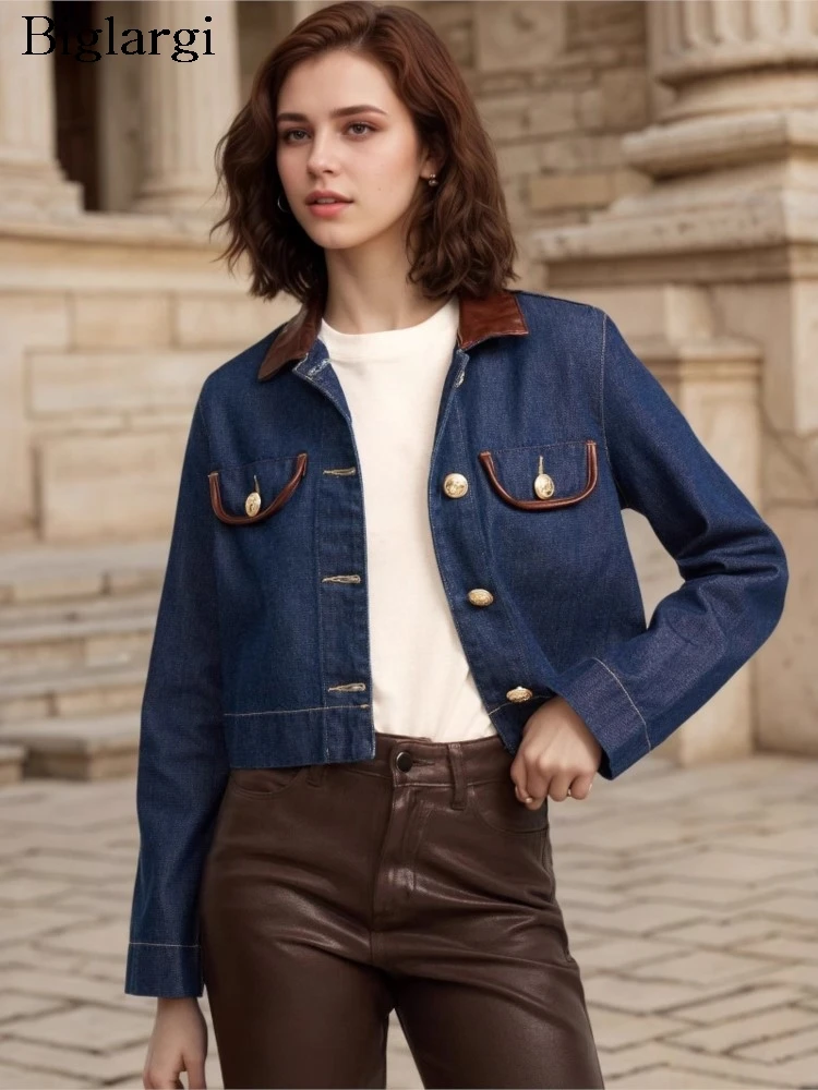 

Spring Autumn Coat Women Long Sleeve Fashion PU Patchwork Ladies Cropped Jackets Casual Loose Woman Jackets Coats