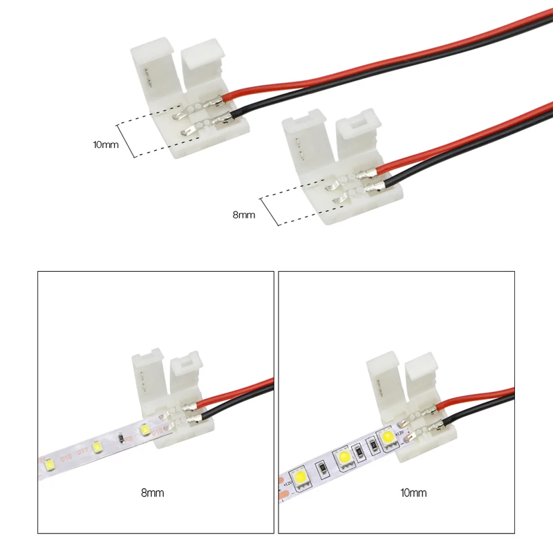 10PCS 2Pin Led Strip Light Connectors 8mm/10mm Solderless Power Wire Connector for 2835/5050 Led Strip Wire PCB Ribbon 15cm