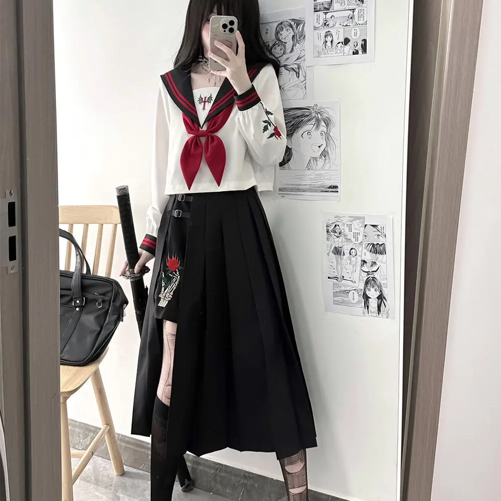 Red Magic Rose JK Dress Bad Girl\'s Poetry Skirt School Skirt Dark Dress JK Uniform Embroidery Sailor Uniforms JK Cosplay Costume