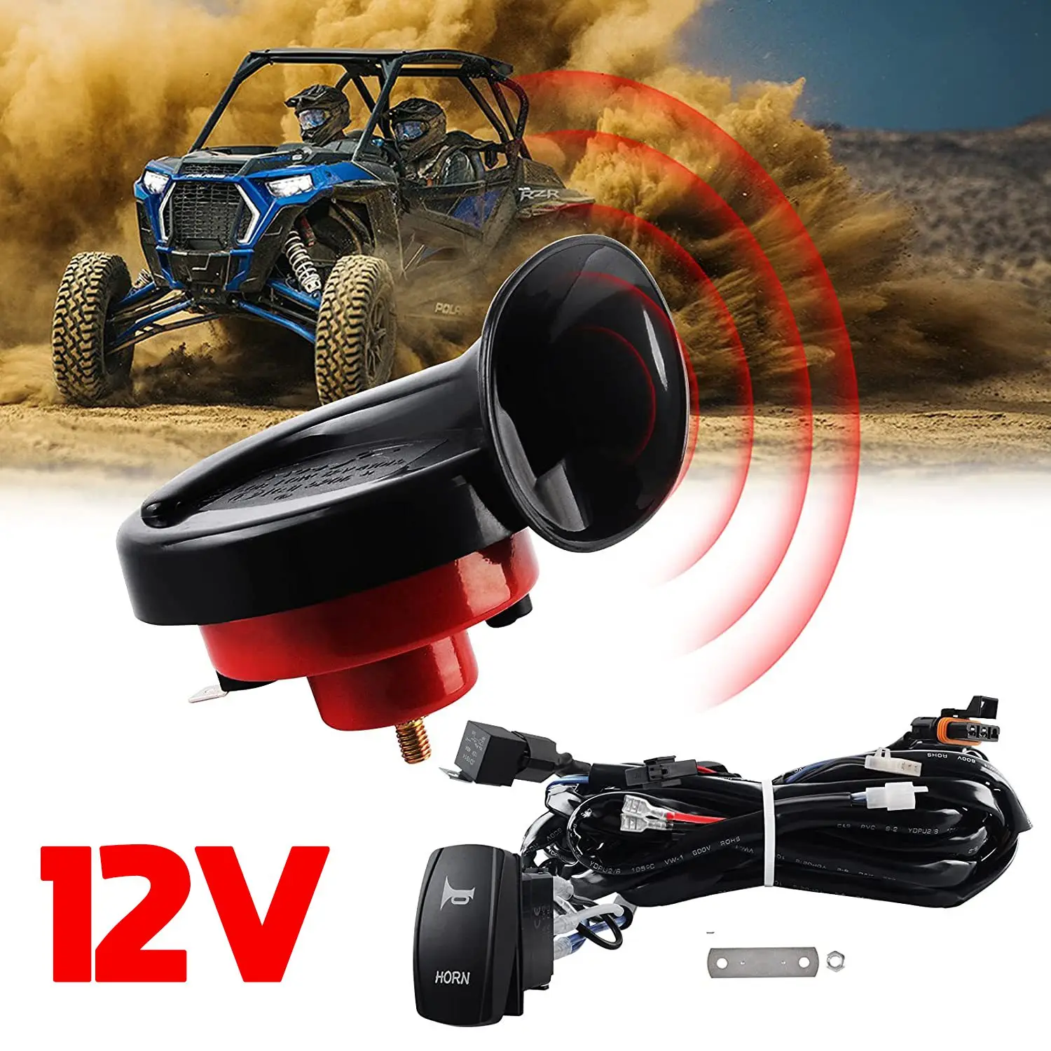 UTV/ATV Horn Kit with Toggle Switch for Pioneer, RZR, Can-Am Maverick X3, Kawasaki, Arctic Cat, Universal 12V