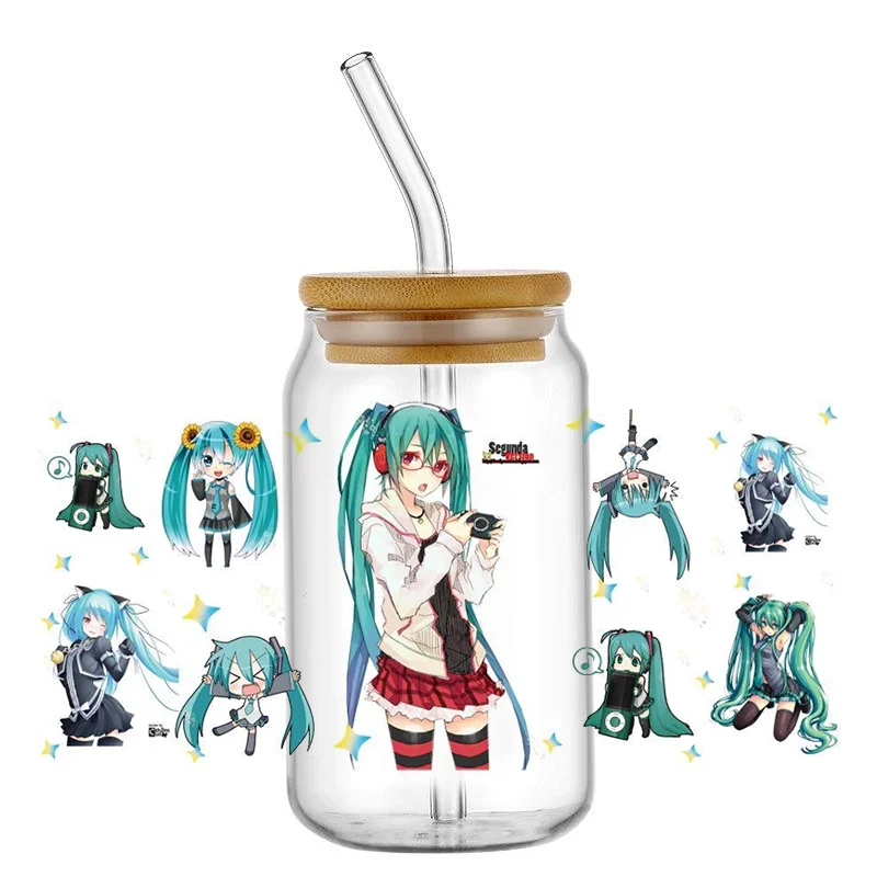 Miniso-pegatina de dibujos animados Mikuo 3D UV DTF, envolturas de transferencia DIY para taza de vidrio de 16oz, envoltura impermeable, pegatinas para taza de café