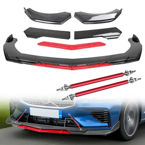 Universal for Most Car 5PCS Car Front Bumper Lip Body Lip Splitter Spoiler with 2Pcs 20cm Rod Support Bars Red Carbon Black