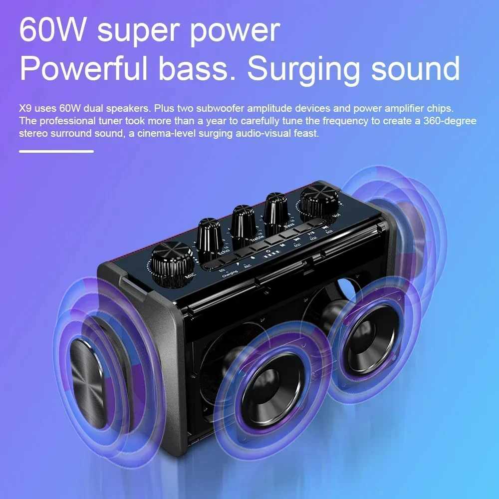 Hot salesX9 X8 Bluetooth Speakers 60W Power Portable Outdoor Super Subwoofer Column Caixa De Som 6600mAh Battery Karaoke Speaker