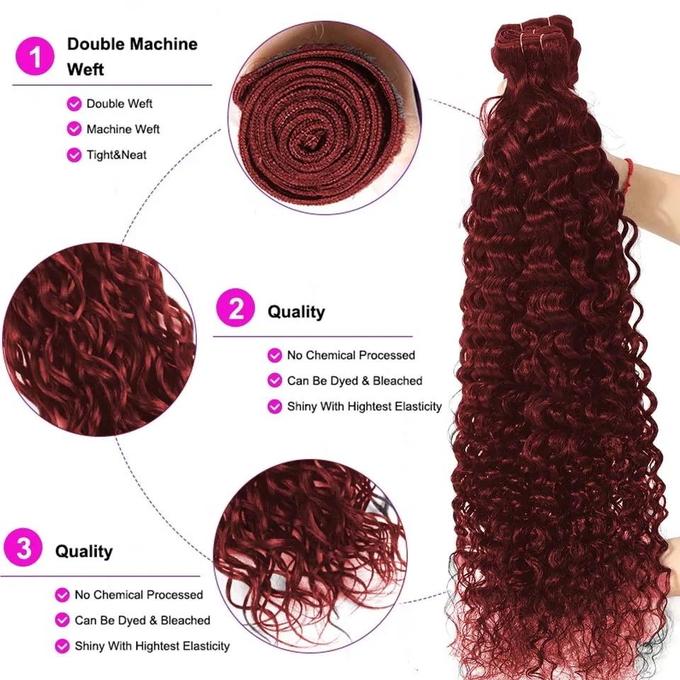 99J Water Wave Brazilian Human Hair Bundles Burgundy Red Water Deep Hair Weave Bundles 1/3/4 PCS Bundle Deals Hair Extensions