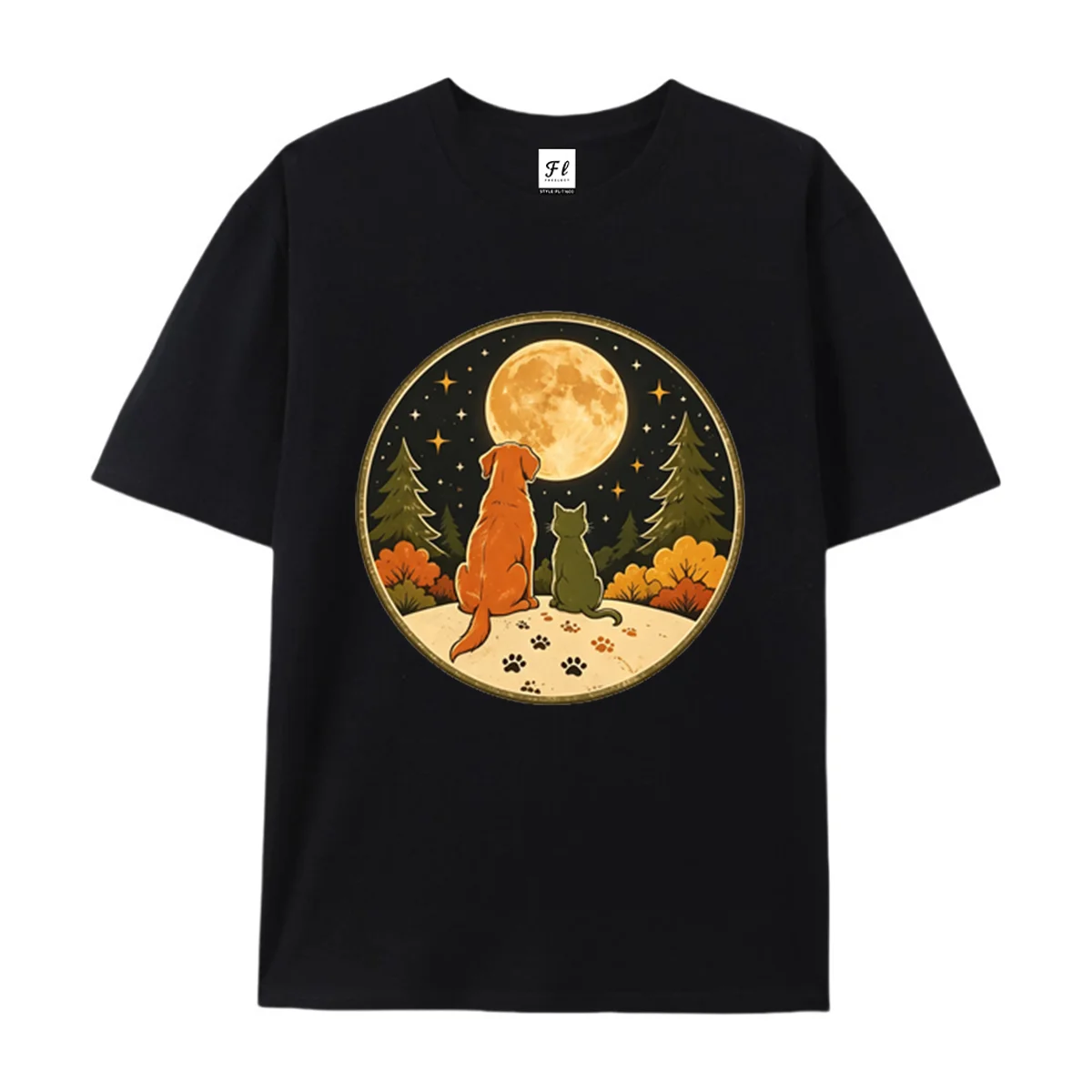 Unisex Short Sleeve T Shirt Vintage Dog Cat Watching Full Moon Forest Star Paw Print Graphic Tee Pet Lover Casual Summer Tops