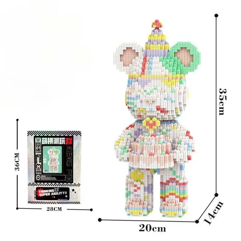 Cartoon Mini Love Violent Bear Bearbrick Colour Model with Light Building Block Micro Diamond Bricks Kids Toys Birthday Gift Set