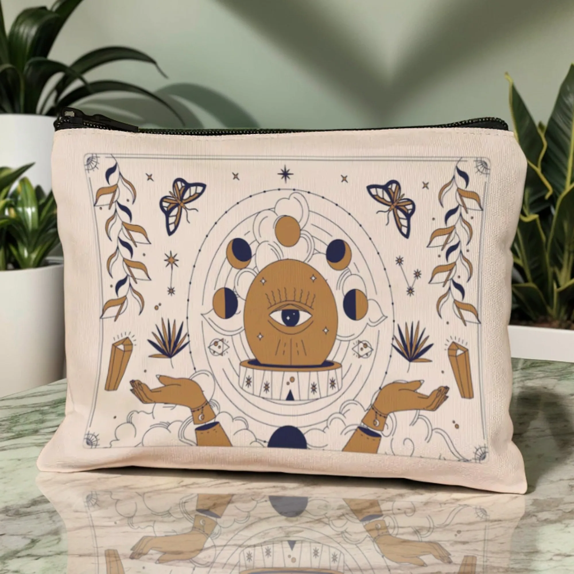 Light-colored Tarot Theme Mystical Eye Cosmetic Bag Hands Crystals Butterflies Lunar Phase Print Fits Travel-sized Minis