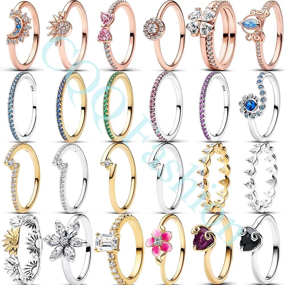 2026 925 Sterling Silver Carriage Tiara Pink Bow Half-Eternity Band Moon Sun Celestial Fashion Ring For Women Gift DIY Jewelry