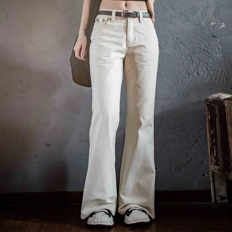 Maden Women’s Casual Pants Mid Rise Versatile Beige Pants 100% Cotton Slim Fit Flare Trousers Autumn