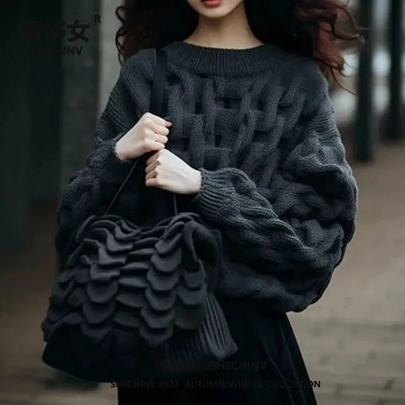 

Легкий роскошный подлинный осенне-зимний новый свободный толстый свитер в ленивом стиле, женский свитер с закручиванием, темно-серый топ