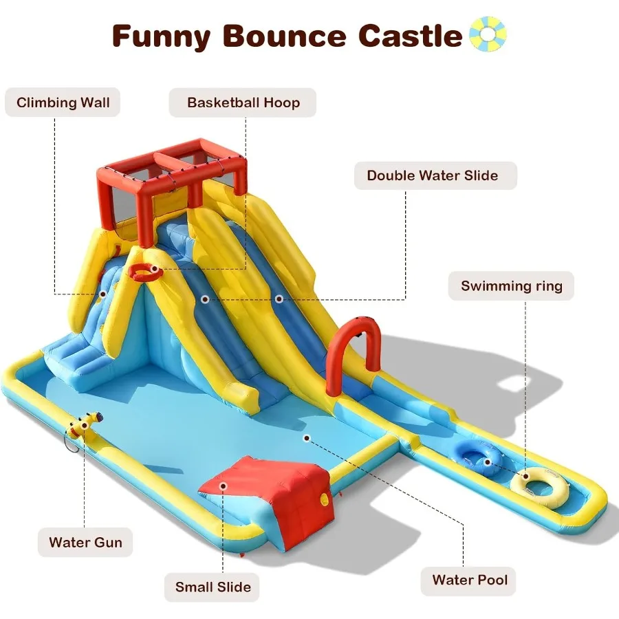 Corrediça de água inflável, casa de salto 7 em 1 com 2 slides parede de escalada respingo piscina aro de basquete pistola de água, parque aquático ao ar livre
