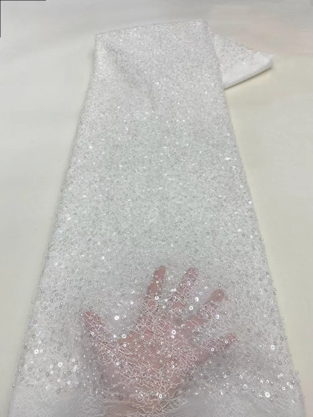 

Latest White Beaded Sequins Cord African Lace Fabric 2025 High Quality French Nigeria Beads Lace Fabric For Party Dress KXX25144