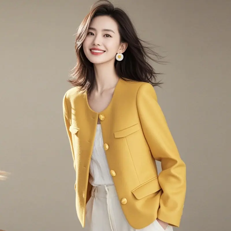 Blazer feminino jaquetas primavera outono amarelo casaco feminino demi-temporada manga longa grande bonito jovem 2025 tendência estilo coreano