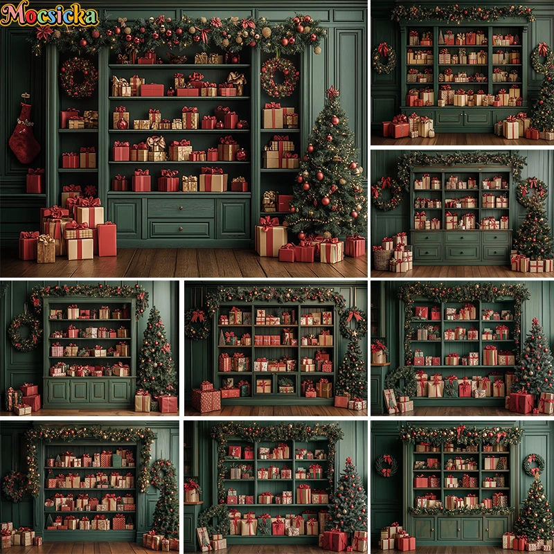 

Mocsicka Photography Background Green Winter Christmas Bear Gift Snowy Xmas Tree Kid Family Portrait Decor Backdrop Photo Studio