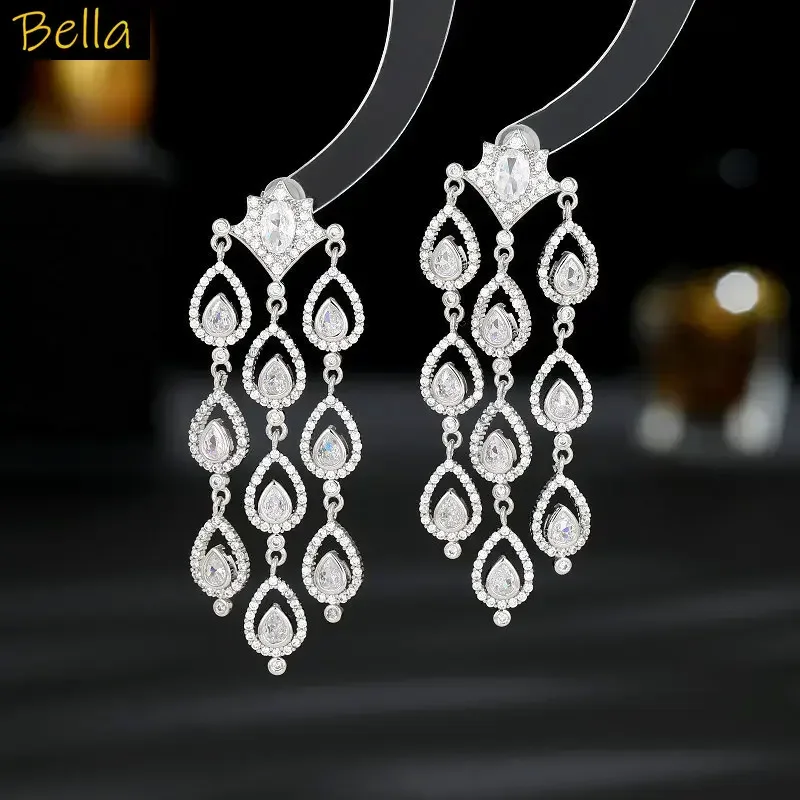 

Luxury Earrings for Women Wedding Party Jewelry Shiny Zircon Long Tassel Dangle Drop Earrings Light Pink White Jewelry Gift